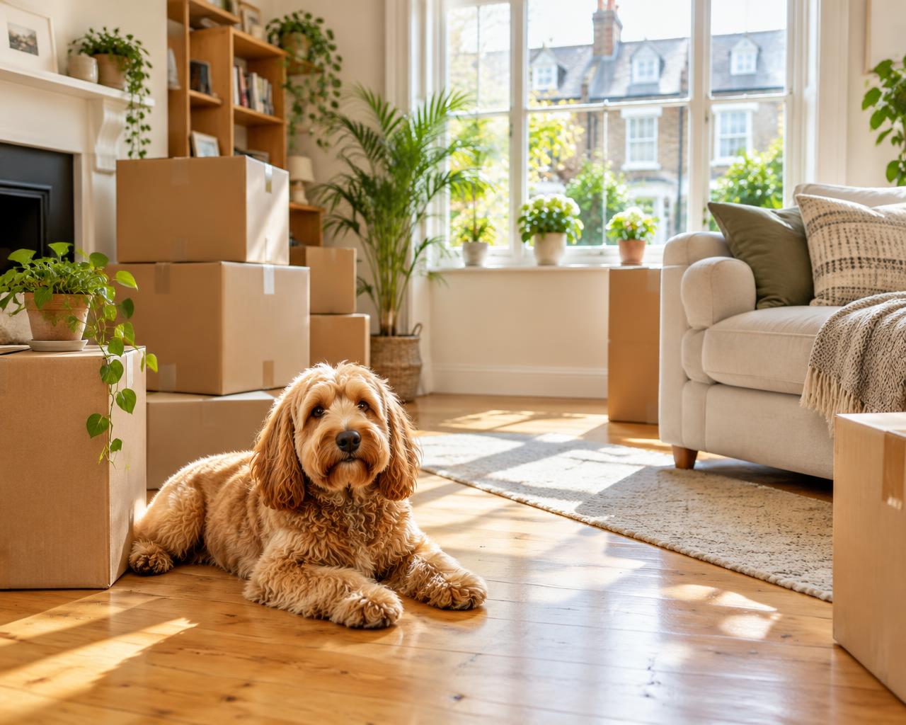 A calm, sunlit living room on moving day with boxes and a relaxed dog